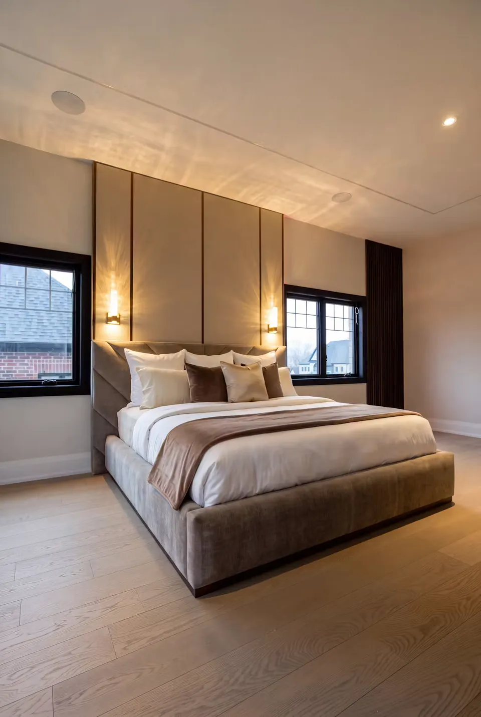 Full angled view of a taupe upholstered bed beneath tall panels and warm vertical lights.