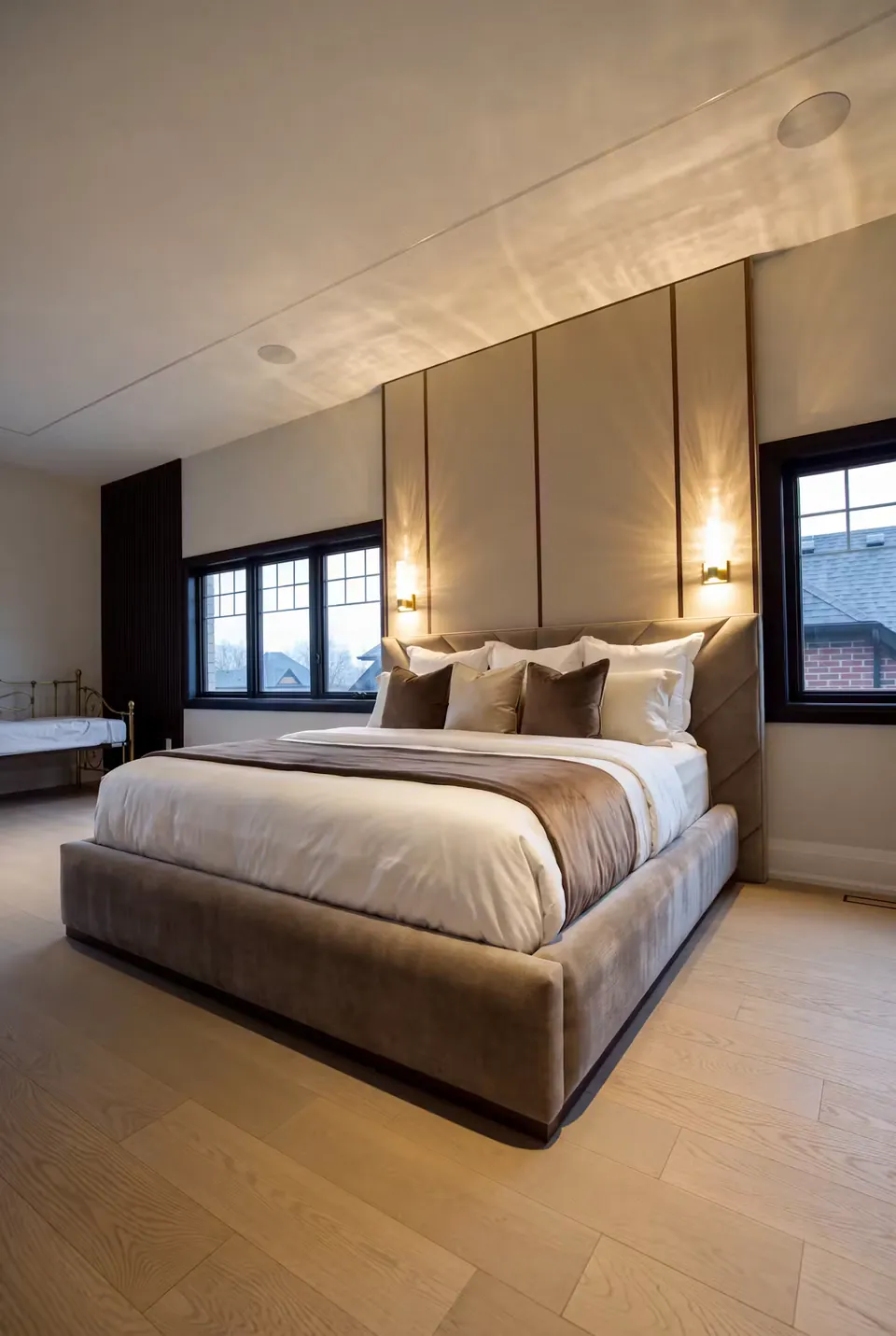 Opposite angled view of the taupe bed between wide dark-framed windows.