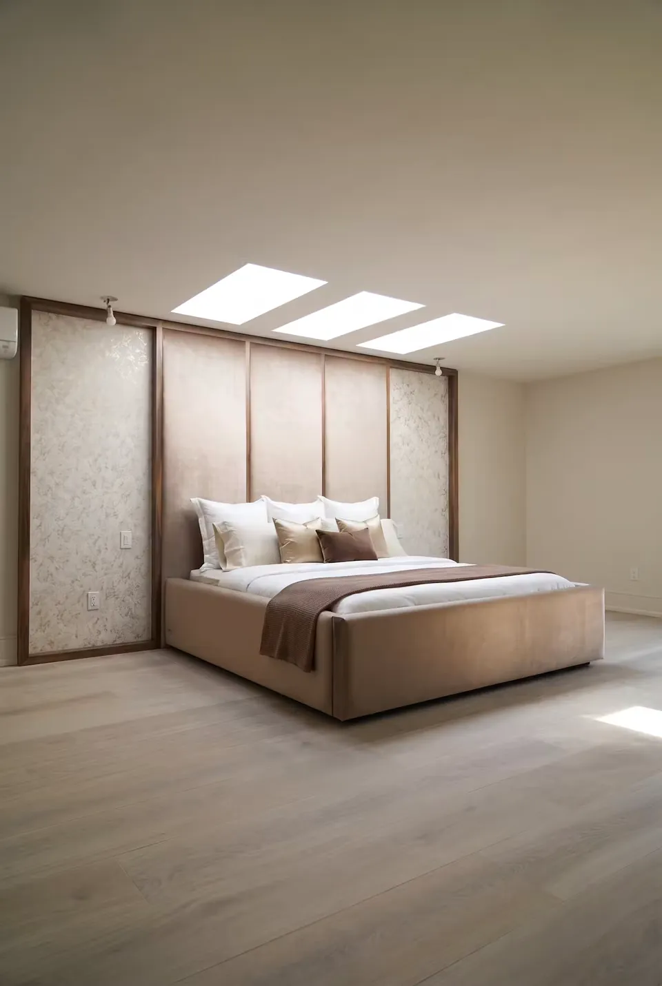 Full angled view of a taupe upholstered bed beneath skylights and broad framed wall panels.