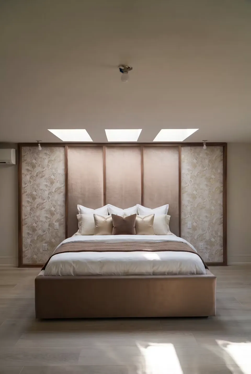 Front view of the taupe bed between patterned side panels and dark vertical borders.