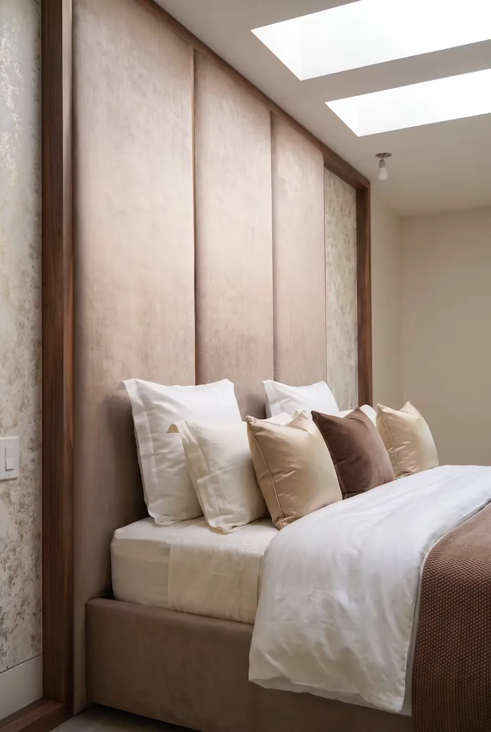 Close side view of pillows against the broad taupe upholstered panels beneath skylights.