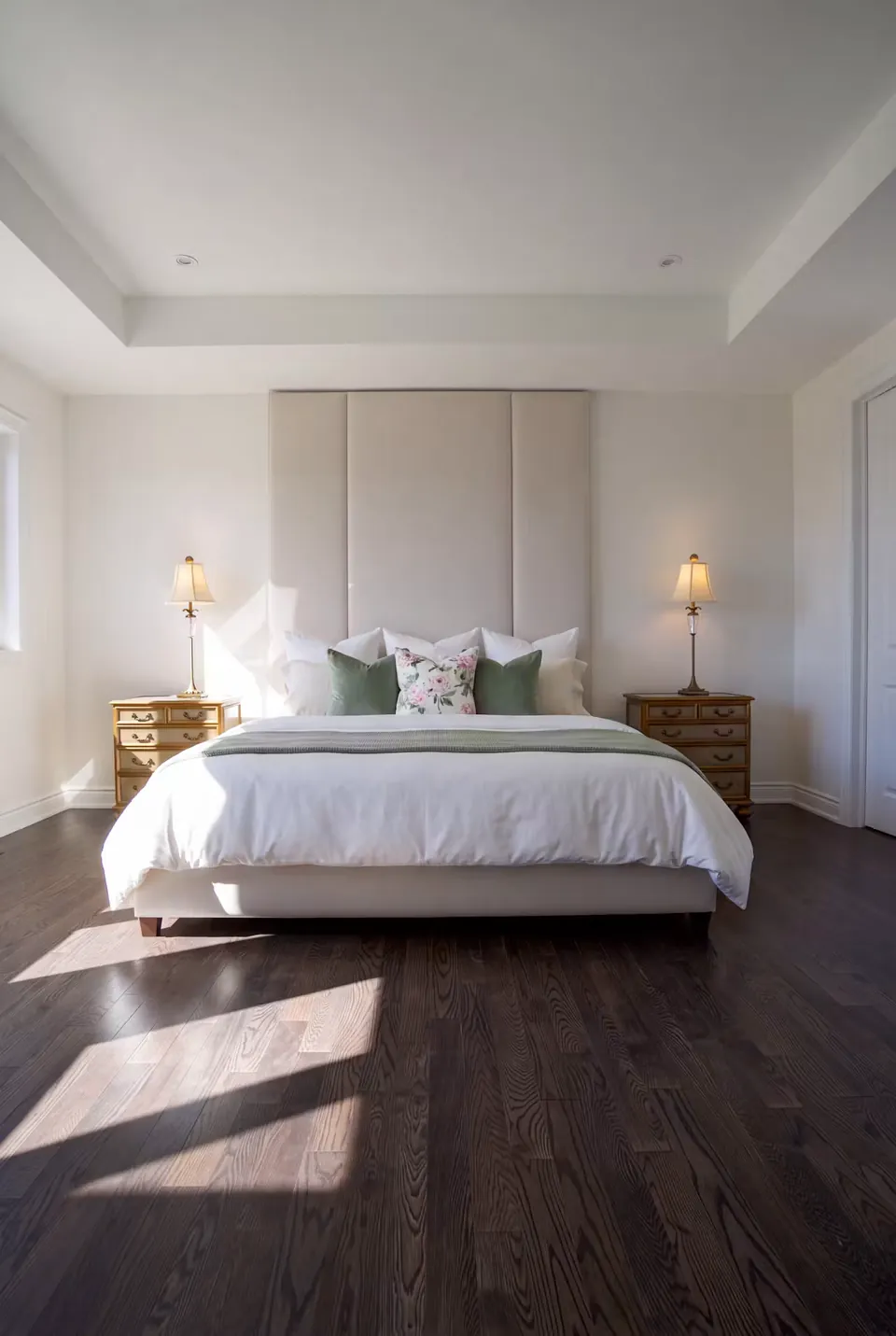 Front view of the pale bed between warm-toned bedside tables on a dark floor.