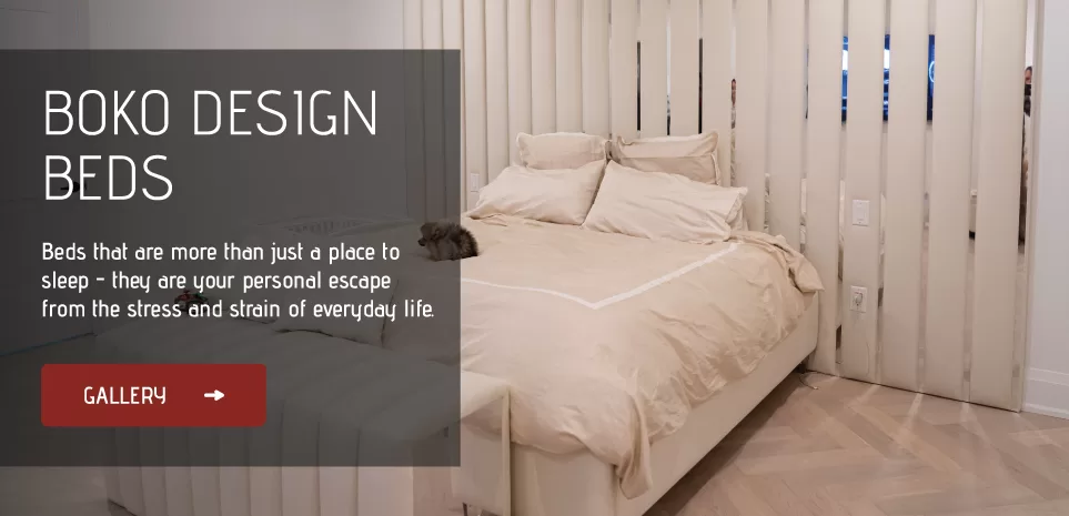 Custom upholstered bed in a BOKO Designs interior
