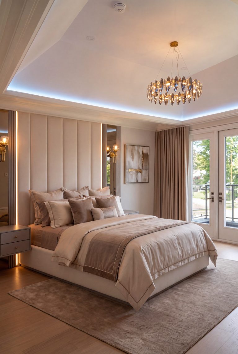 Beige upholstered bed with a tall illuminated panel headboard, neutral bedding and a chandelier by BOKO Designs.