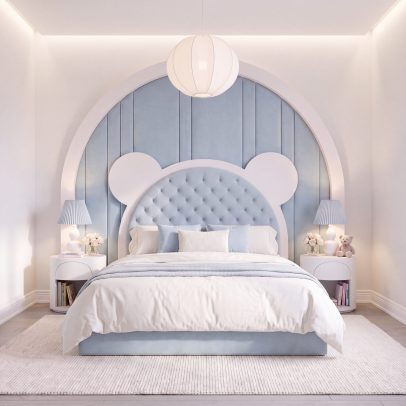 BOKO Mila kids tufted bear upholstered bed in Sky blue, shown with a separate arched wall panel (not included)
